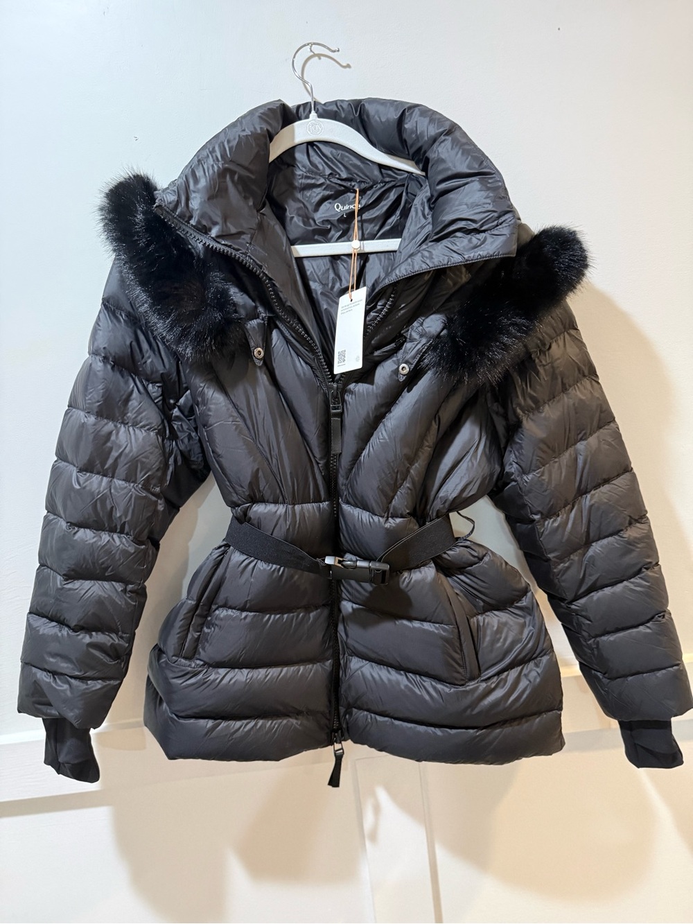 Quince Black Quilted Belted Down Puffer with Fur Trim